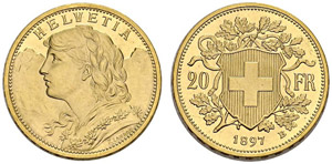 SWITZERLAND. Confederation, 1848-. 20 Francs ... 