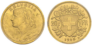 SWITZERLAND. Confederation, 1848-. 20 Francs ... 