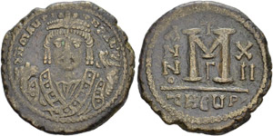 Mauricius Tiberius, 582-602. Follis 593-594, ... 