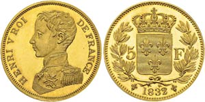 Henri V, prétendant. 5 Francs 1832. ... 