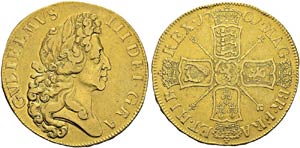 William III, 1694-1702. 5 Guineas 1701. Obv. ... 