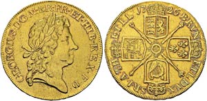 George I, 1714-1727. 5 Guineas 1726. Obv. ... 