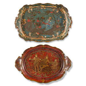 Two lacquered wood trays with oriental ... 