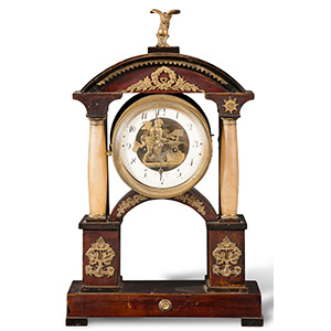 Wood and bronze mounted clock, onyx columns, ... 