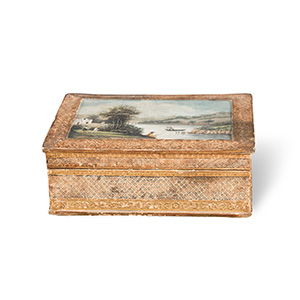 Wooden box covered by gold papers, miniature ... 