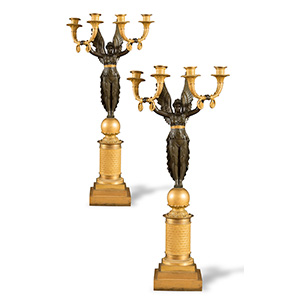 Pair of patinated and glit bronze candelabra ... 