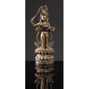 Figura di Tara in rame, bronzo e turchese su ... 