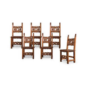 Sei sedie in legno di noce, Emilia, XVII sec.