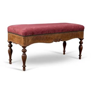 Small wood  bench with red upholstery, late ... 