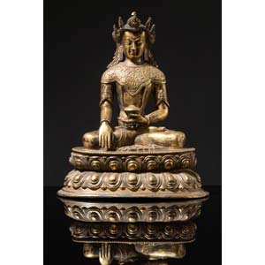 Figura di Buddha Sakyamuni in bronzo dorato, ... 