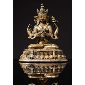Figura di Guanyin in bronzo dorato, Tibet, ... 