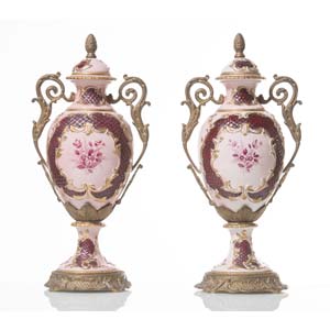 Pair of porcelain and brass-mounted urns, ... 