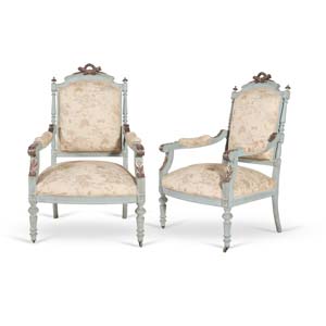 Pair of carved and lacquered armchairs, 20th ... 