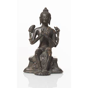 Buddha seduto in bronzo patinato, Tibet, ... 