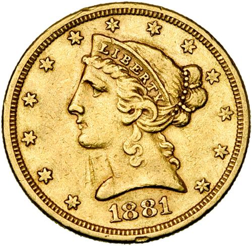 ETATS-UNIS, AV 5 dollars, 1881 S. ... 