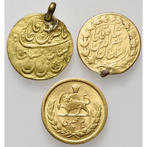 IRAN, lot of 3 gold coins: toman (mounted); ... 