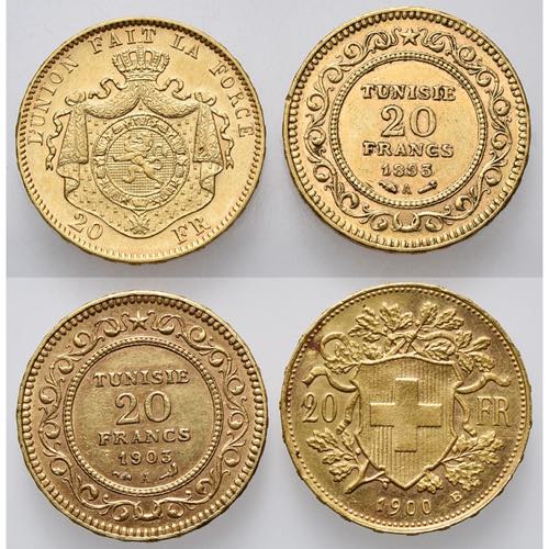 lot de 4 p. de 20 francs: Belgique, 1877; ... 