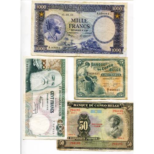 CONGO BELGE, lot de 12 billets: 1 franc, ... 