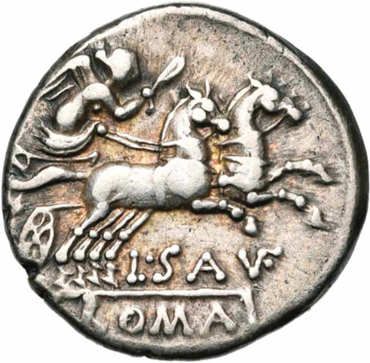 L. Saufeius, AR denier, 152 av. J.-C., Rome. ... 