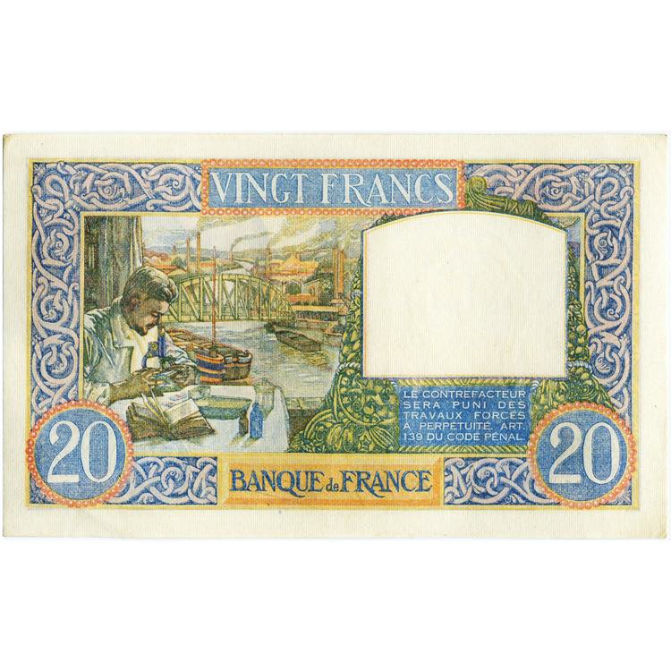 FRANCE, 20 francs, 22.8.1940. Pick 92a. Trou ... 