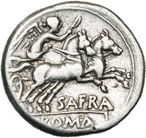 Safra, AR denier, 150 av. J.-C., Rome. D/ T. ... 