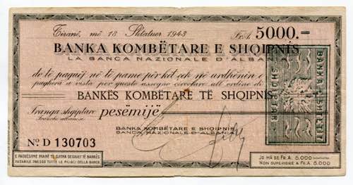 Albania Cheque 5000 Franga 1943  - ... 
