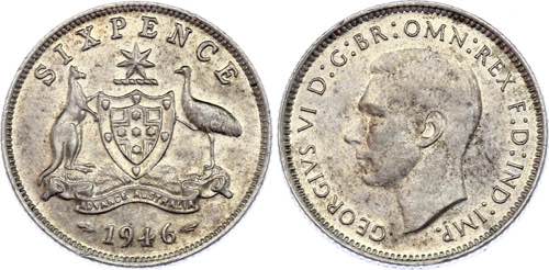 Australia 6 Pence 1946 - KM# 38a; ... 