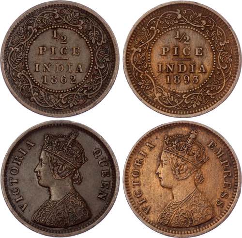 British India 2 x 1/2 Pice 1862 - ... 