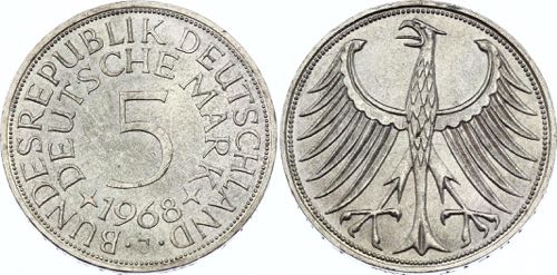 Germany FRG 5 Mark 1968 J