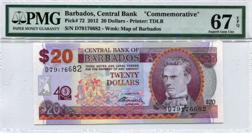 Barbados 20 Dollars 2012 PMG 67 EPQ