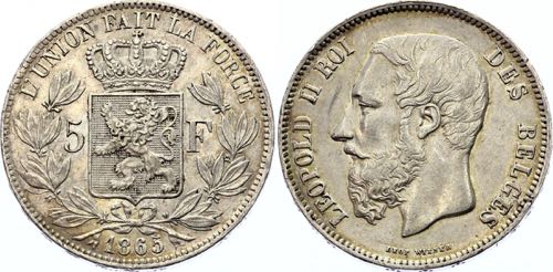 Belgium 5 Francs 1865 Rare Date