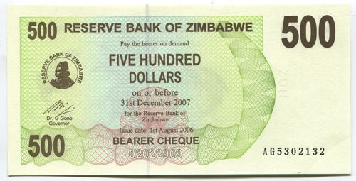 Zimbabwe 500 Dollars 2006 