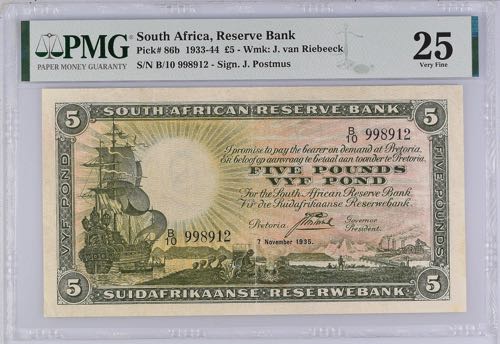 South Africa 5 Pounds 1935 PMG 25