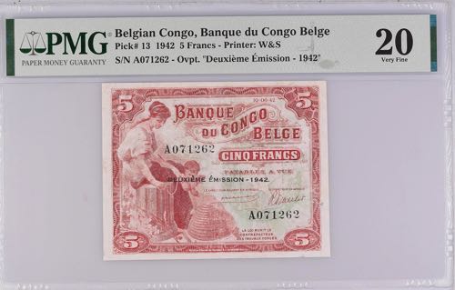 Belgian Congo 5 Francs 1942 PMG 20