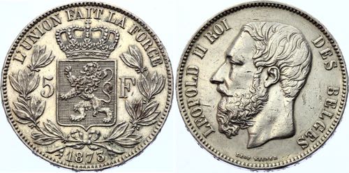 Belgium 5 Francs 1873 Position A