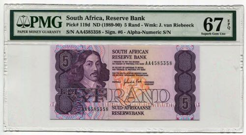 South Africa 5 Rand 1989 -90 PMG 67