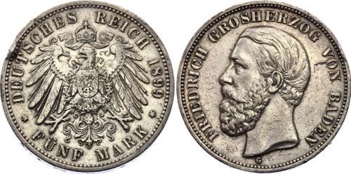 Germany - Empire Baden 5 Mark 1899 ... 