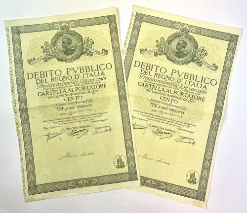 Italy Lot of 2 Bonds 100 Lire 1934 ... 