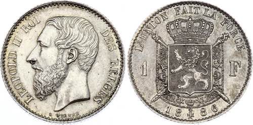 Belgium 1 Franc 1886 KM# 28; ... 