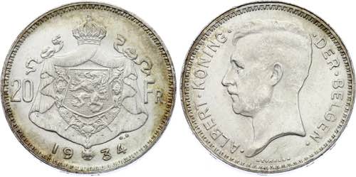 Belgium 20 Francs 1934 KM# 104; ... 