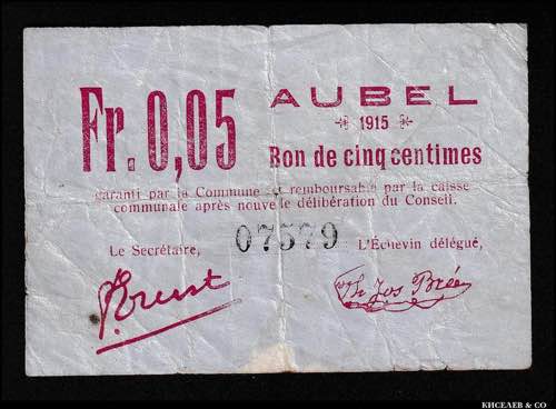 Belgium Aubel 5 Centimes 1915 F-VF