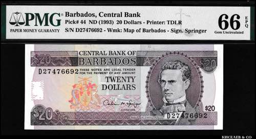 Barbados 20 Dollars 1993 PMG 66 ... 