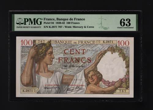 France 100 Francs 1939 PMG 63 P# ... 