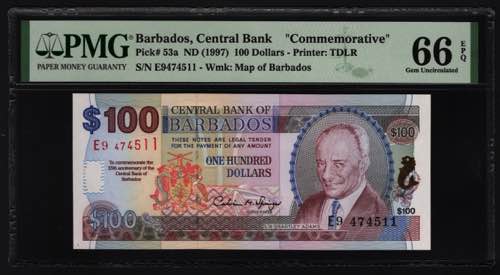 Barbados 100 Dollars 1997 PMG 66 ... 