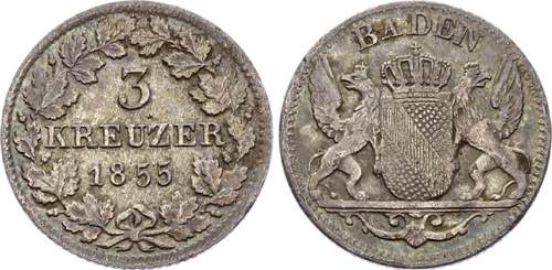 German States Baden 3 Kreuzer 1855 ... 