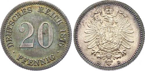 Germany - Empire 20 Pfennig 1876 D ... 