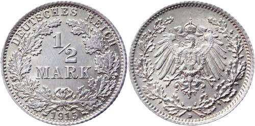 Germany - Empire 1/2 Mark 1915 D ... 
