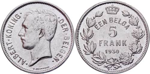 Belgium 5 Francs 1930 KM# 98; ... 