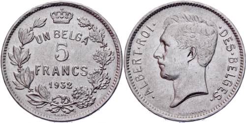 Belgium 5 Francs 1932 KM# 97.1; ... 