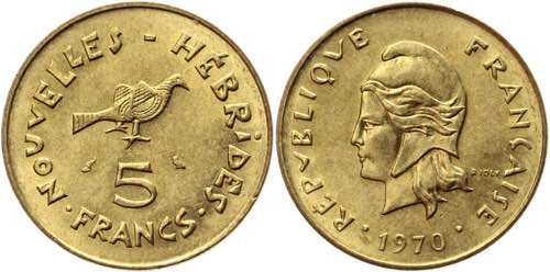 New Hebrides 5 Francs 1970 KM# ... 